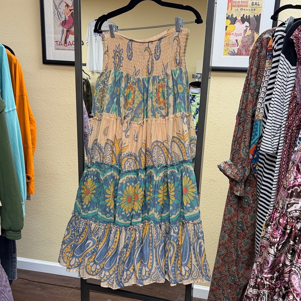 Free People Multicolor Floral Tiered Maxi Skirt - Beige, Teal, Yellow